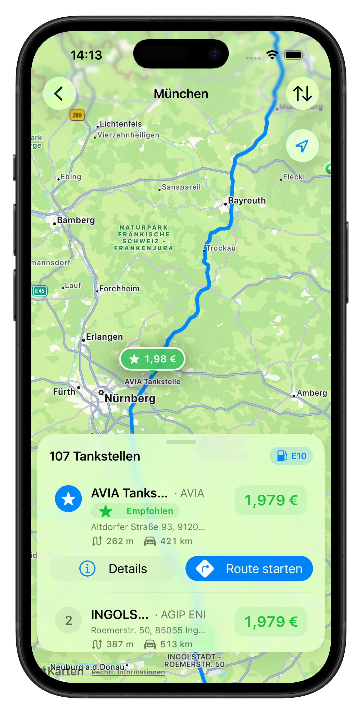 SpritPilot Liste mit Tankstellen entlang der Route